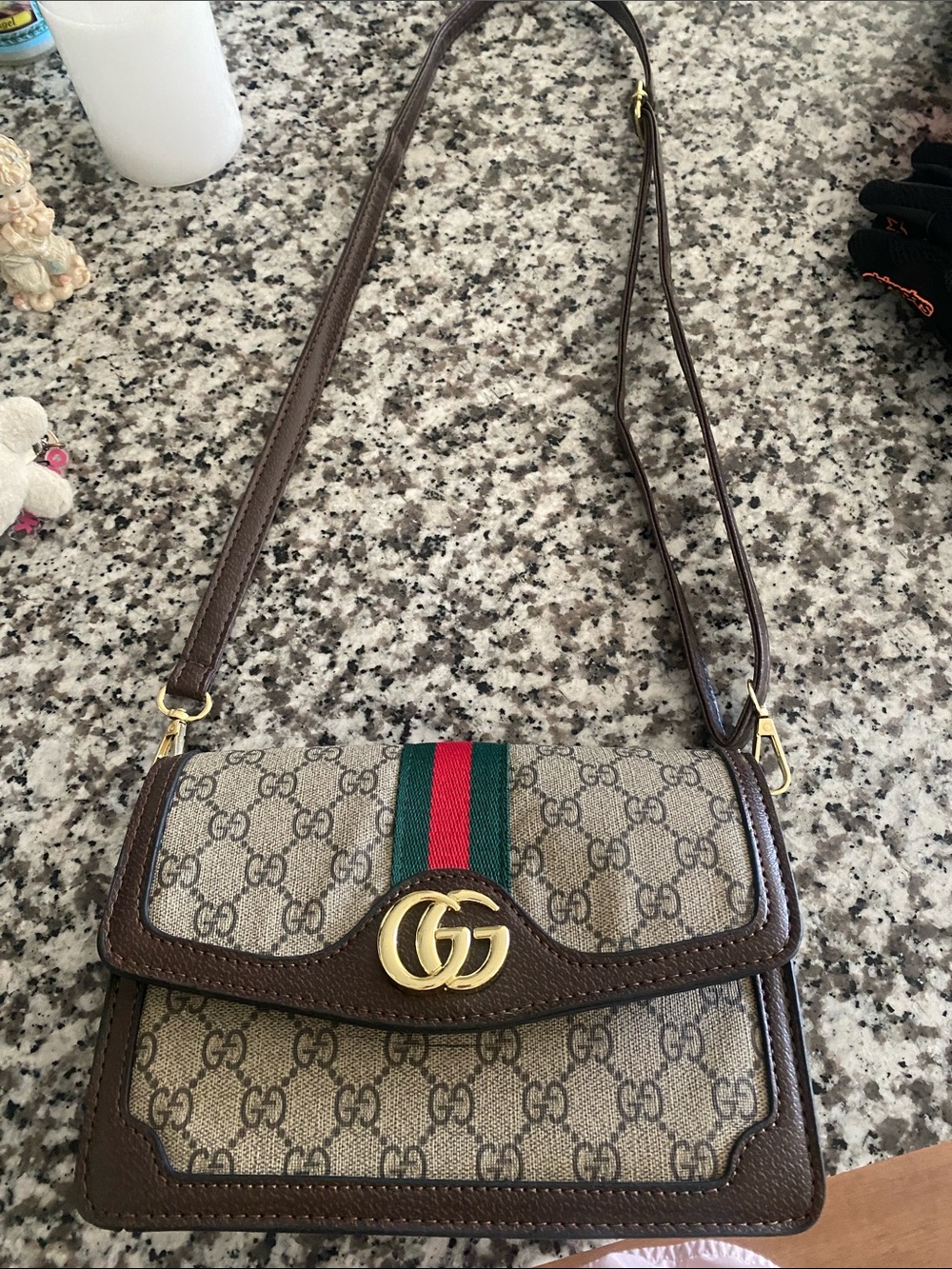 Gucci Brown GG Canvas Crossbody with Green-Red Web and Gold Hardware